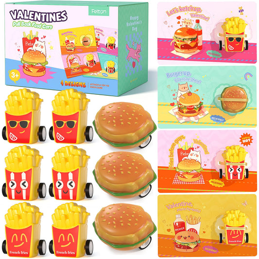 Feltom 28-pack Valentine burger cars with cards for classroom exchanges.