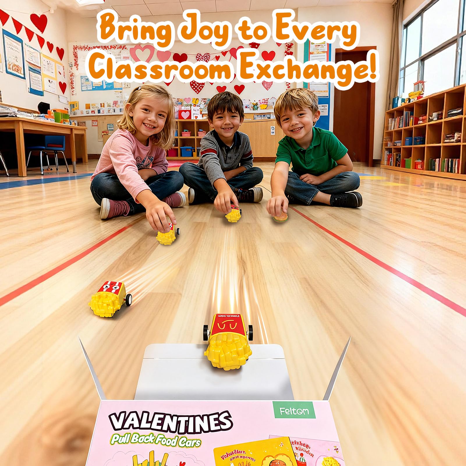 Feltom pull-back burger toy in bright colors with smooth edges.
