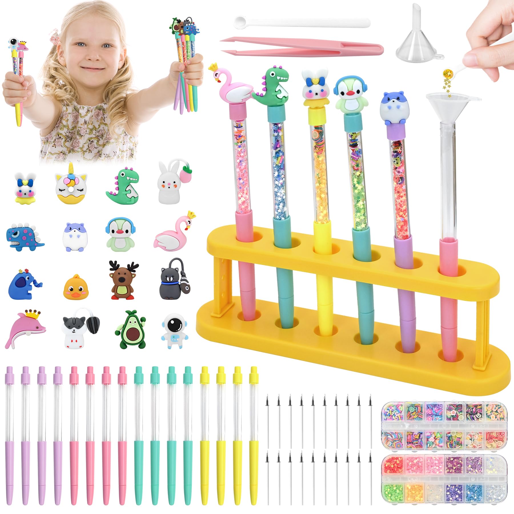 FEMBW pen making kit contents with glitter accessories for creative, mess-free crafting at home.