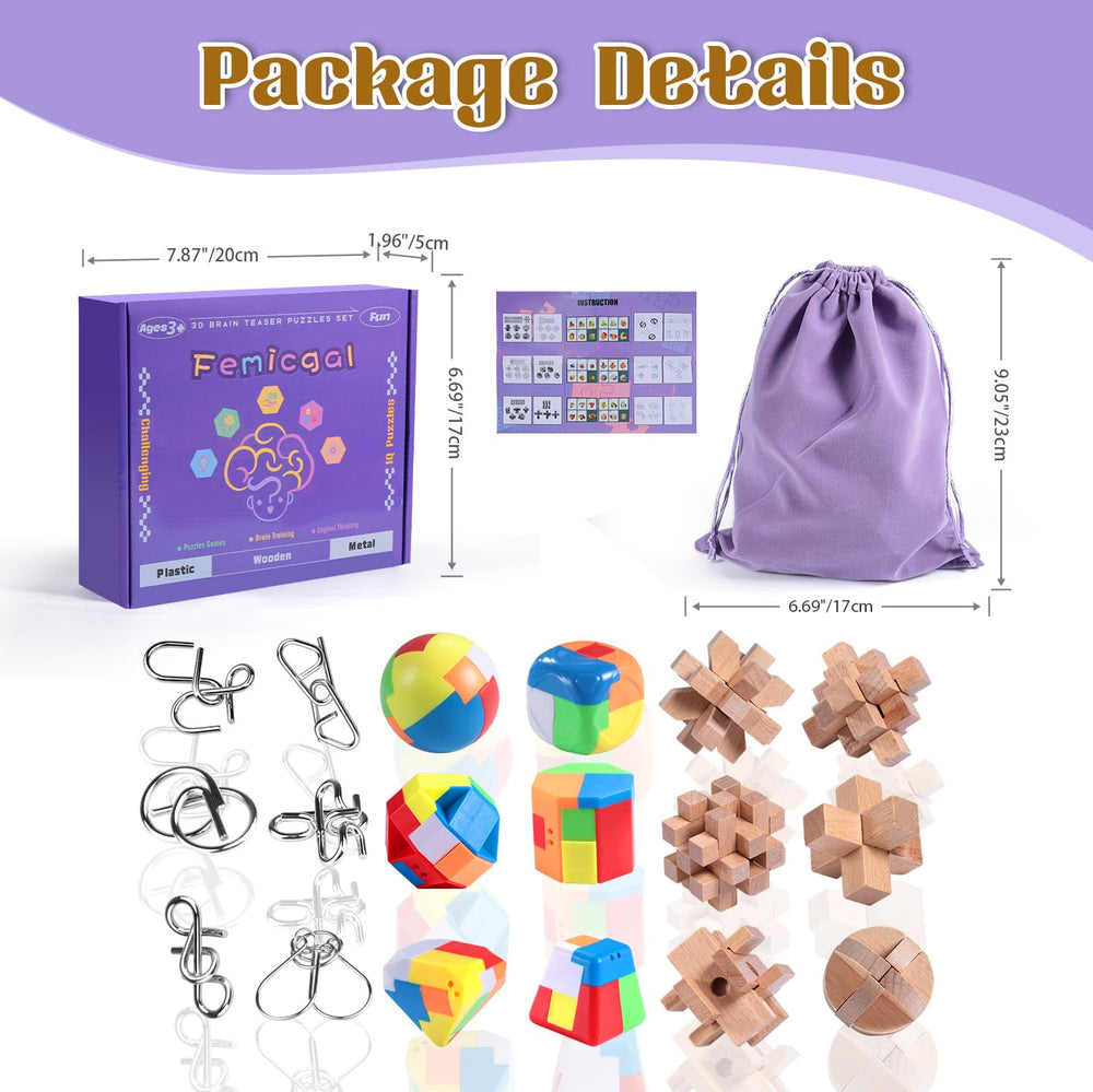 Femicgal Brain Teaser plastic puzzles 6-pack featuring bright, durable pieces for quick brain warm-ups.