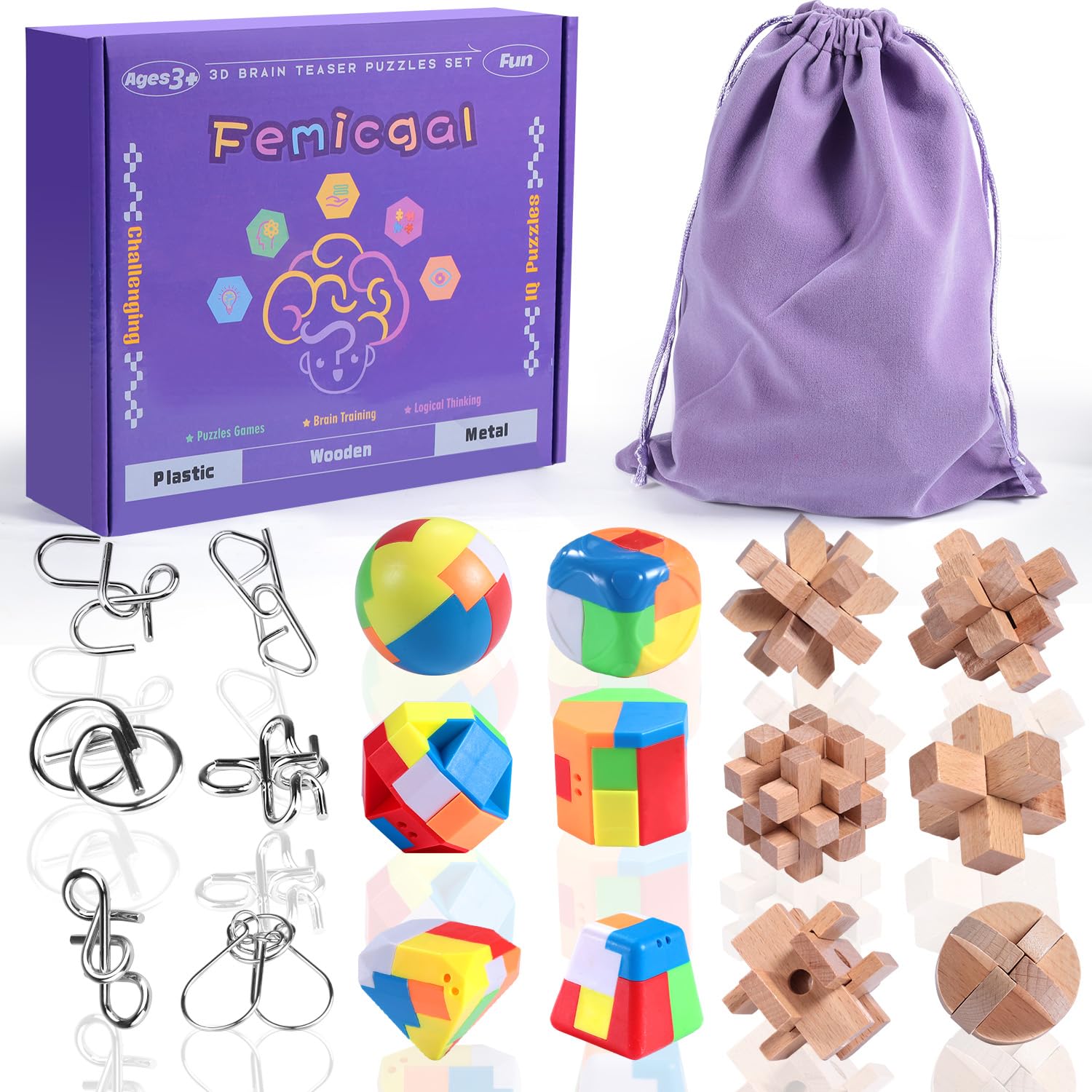 Femicgal Brain Teaser wooden puzzles 6-pack showcasing classic wooden challenges for focus.