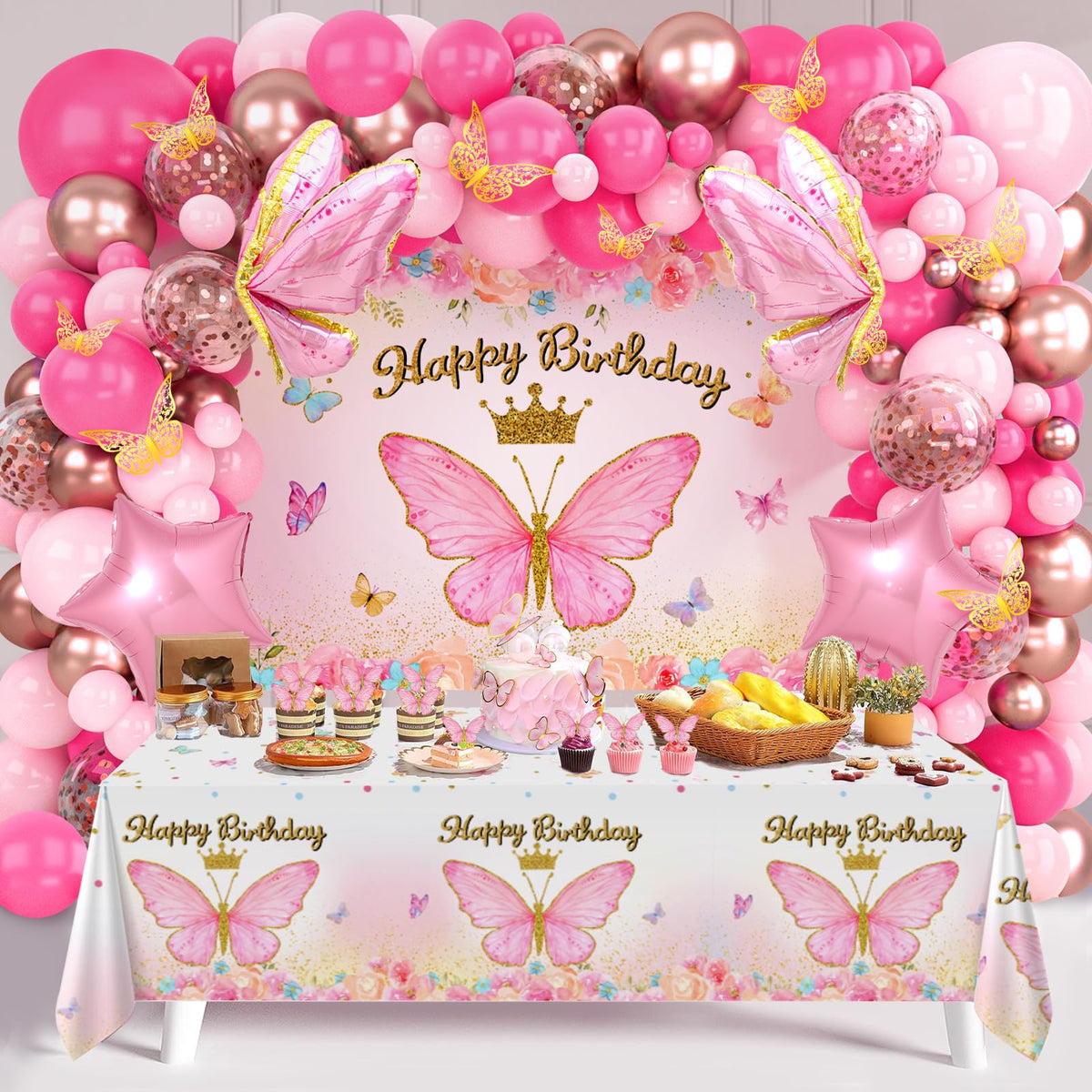 FengRise pink balloon arch kit creates a charming birthday backdrop for a girl.