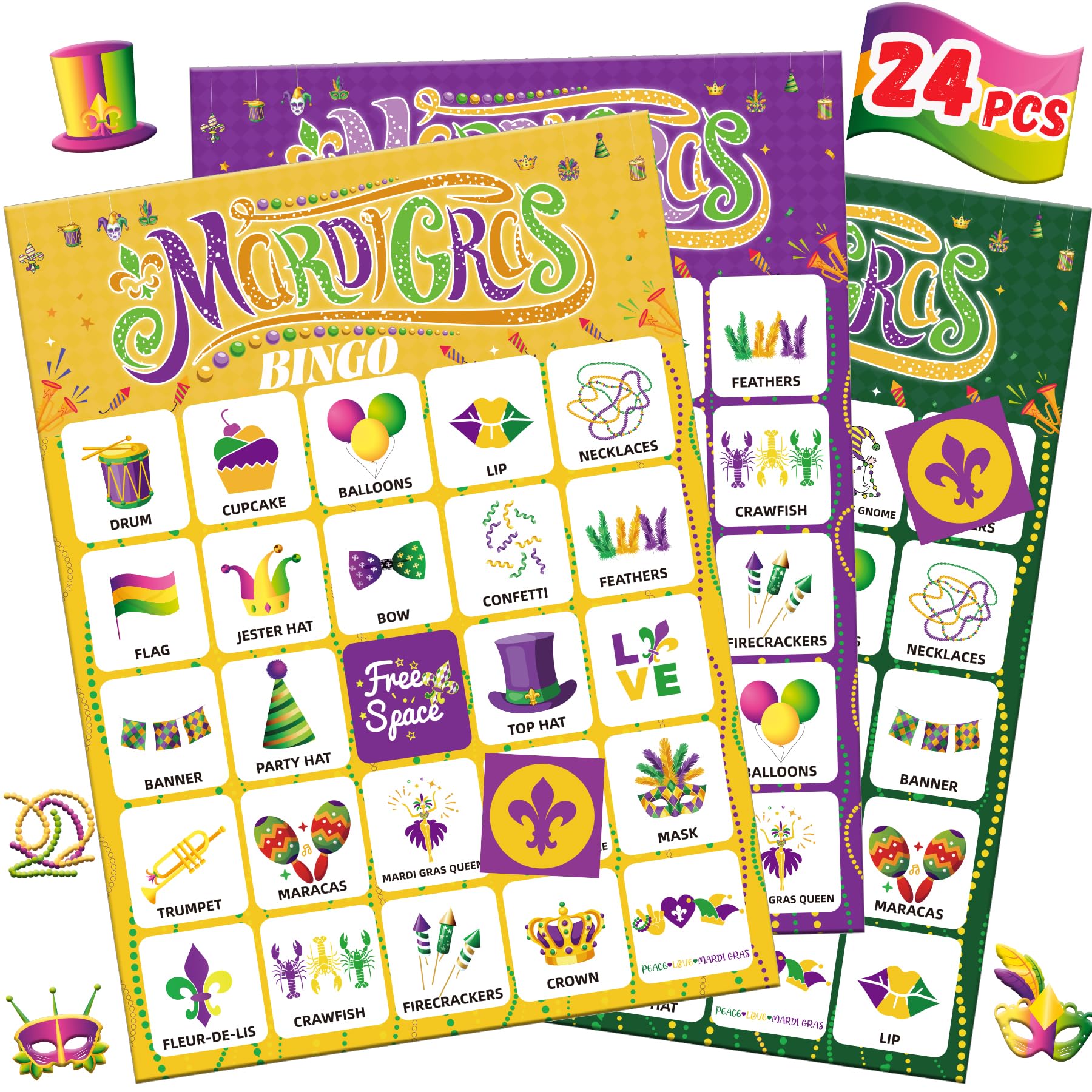 Fenkysoix Mardi Gras bingo cards enable quick, easy group play.
