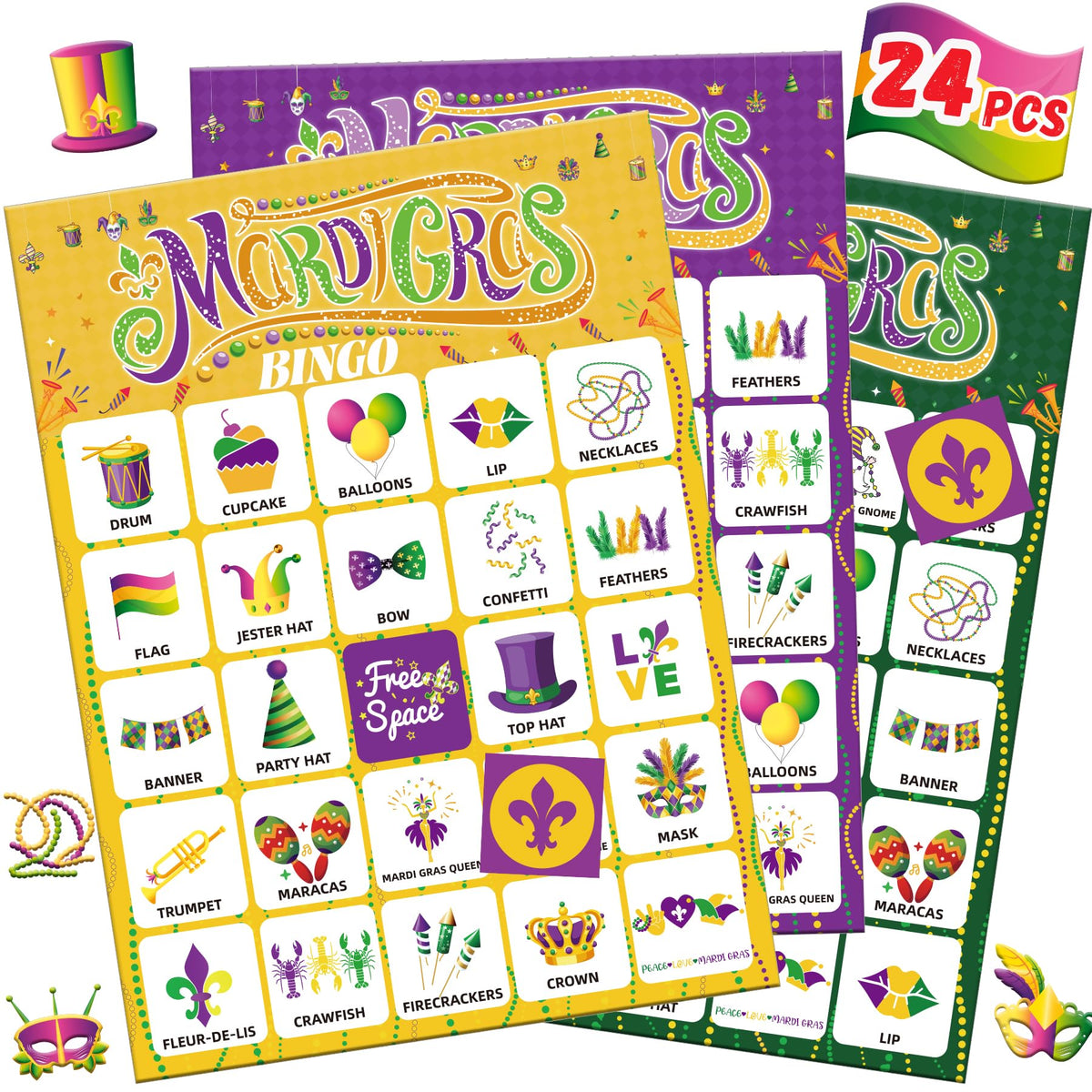 Fenkysoix Mardi Gras bingo cards enable quick, easy group play.