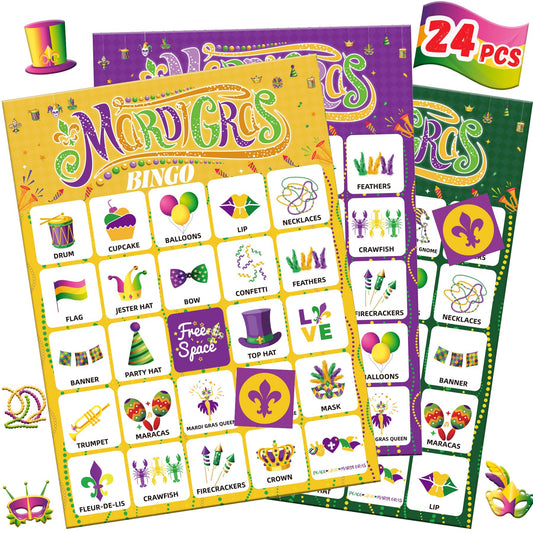 Fenkysoix Mardi Gras bingo cards enable quick, easy group play.