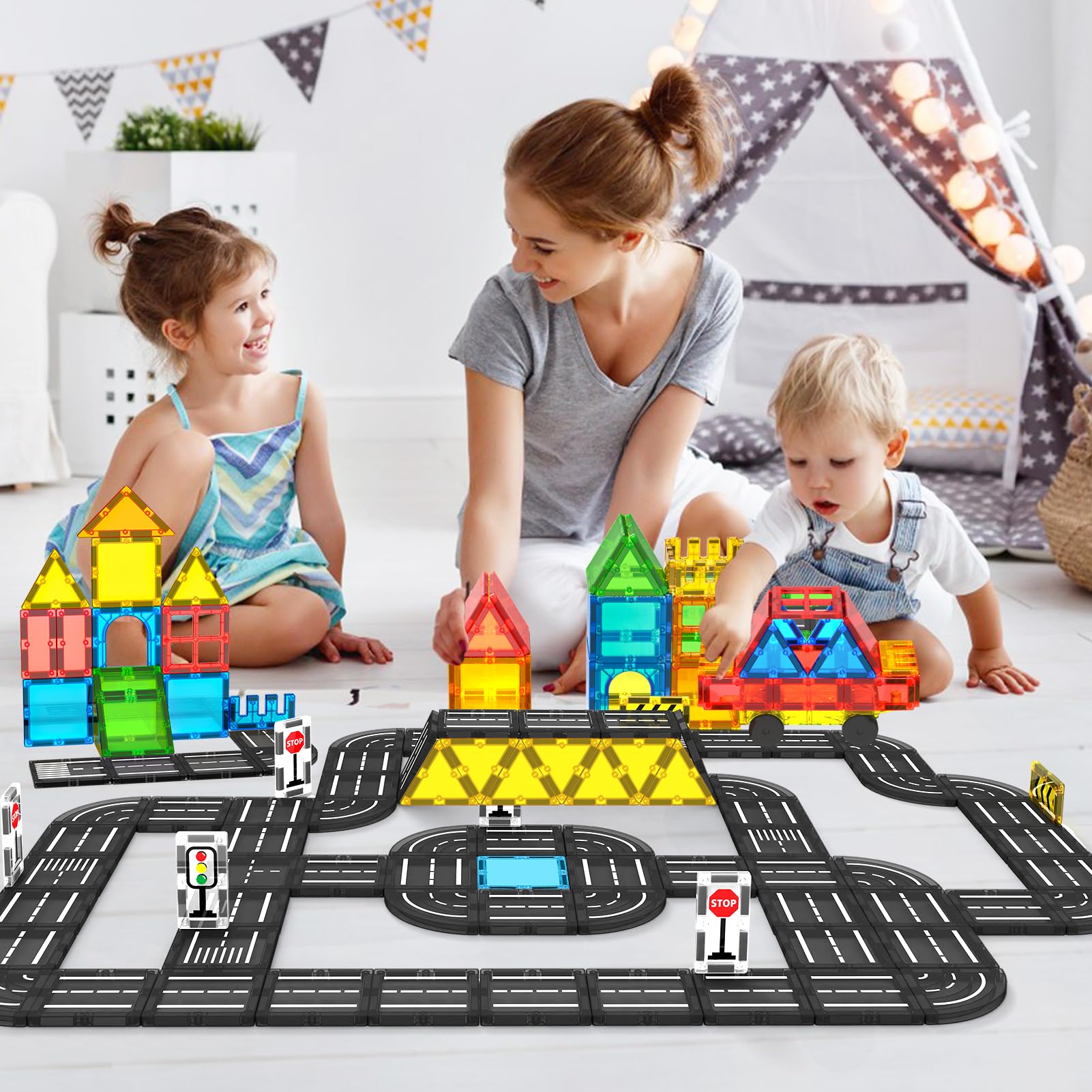 Feoxialy compatible magnetic tiles extend existing sets for expanded play