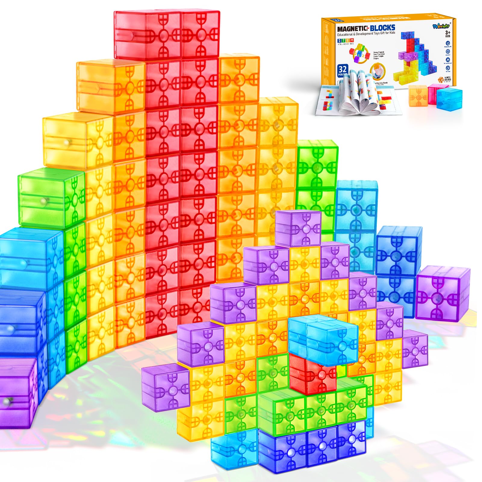 Feoxialy Magnetic Blocks translucent cubes promote colorful hands-on building for toddlers.