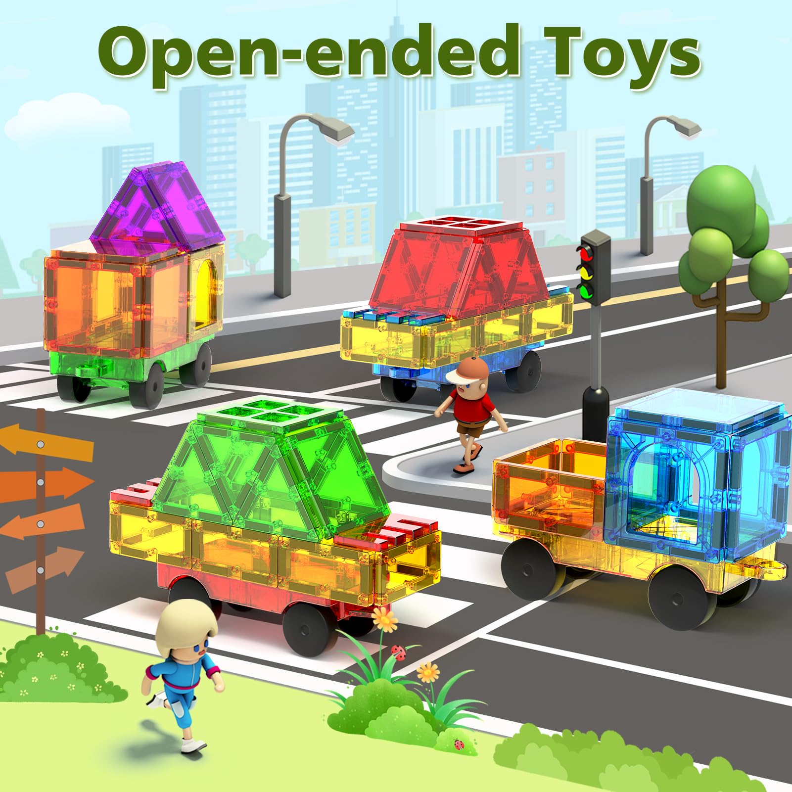 Feoxialy magnetic tiles blue car base encourages creative layouts and easy attachment.