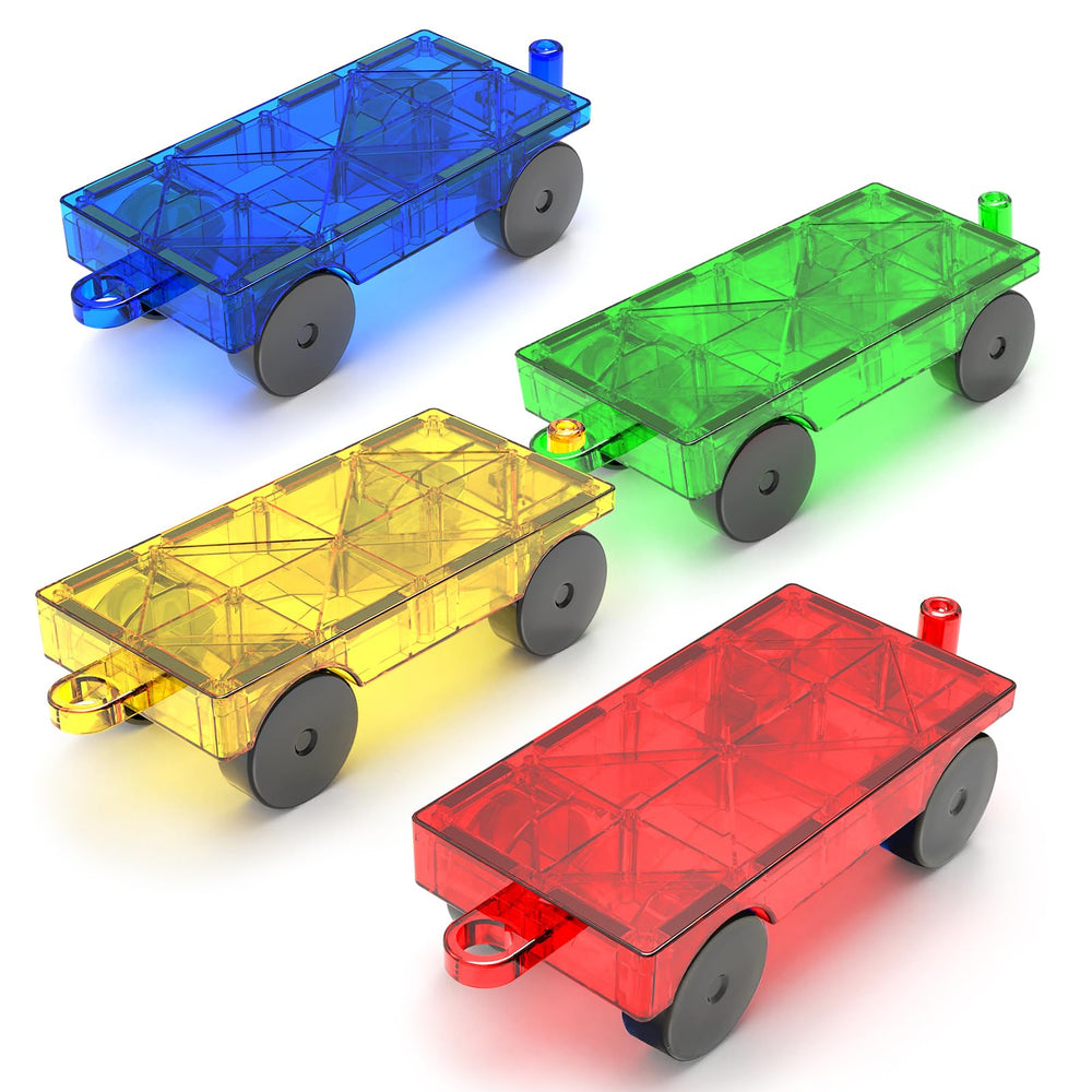 Feoxialy magnetic tiles green car base for imaginative play with smooth wheels.