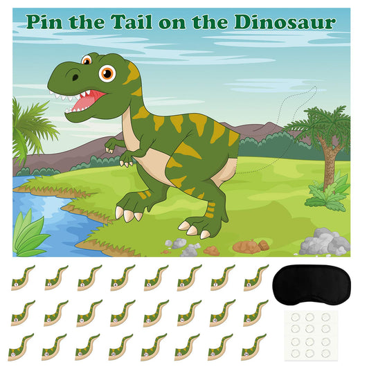 FEPITO Pin the Tail poster on a wall for a lively dinosaur party.