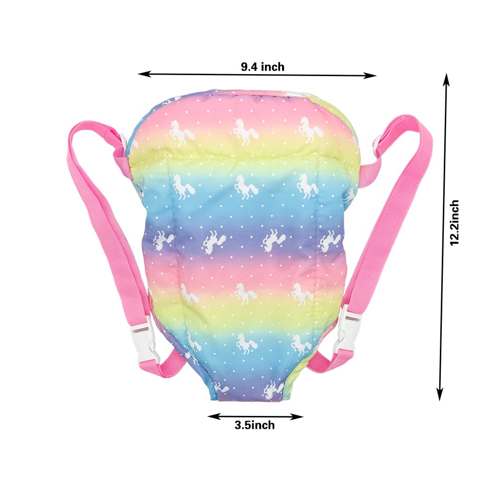 Ferberbears Rainbow doll carrier back view highlighting comfortable adjustable straps for dolls.