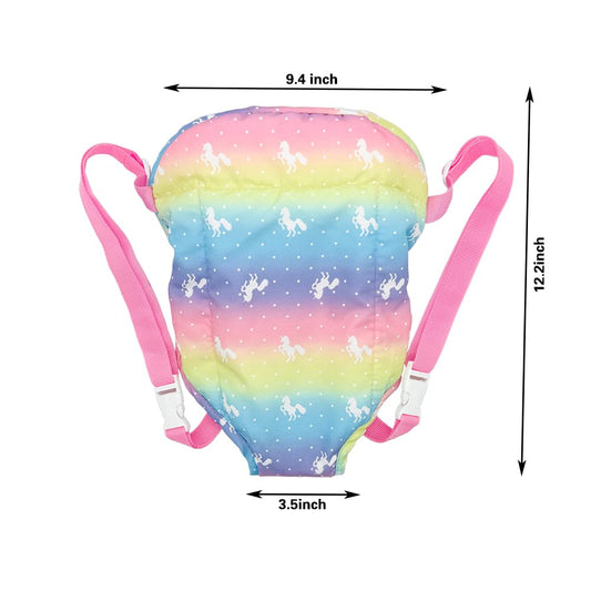 Ferberbears Rainbow doll carrier back view highlighting comfortable adjustable straps for dolls.