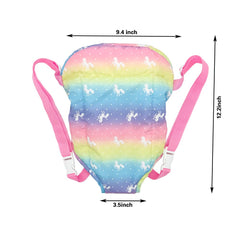 Ferberbears Rainbow doll carrier back view highlighting comfortable adjustable straps for dolls.