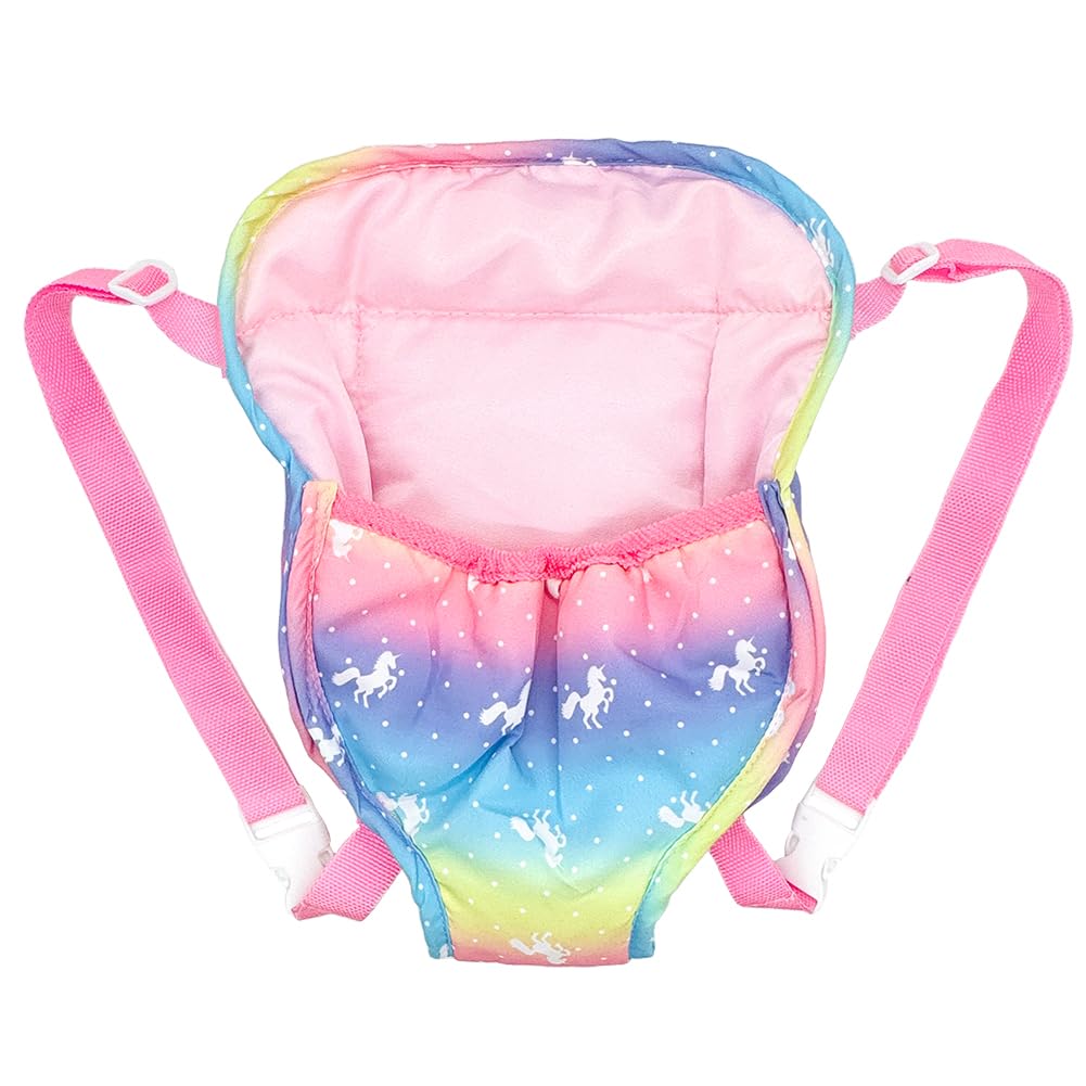 Ferberbears Rainbow doll carrier front view with easy on-off design for quick pretend play.