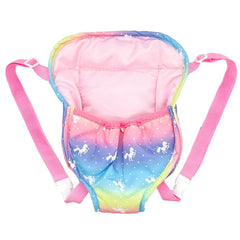 Ferberbears Rainbow doll carrier front view with easy on-off design for quick pretend play.