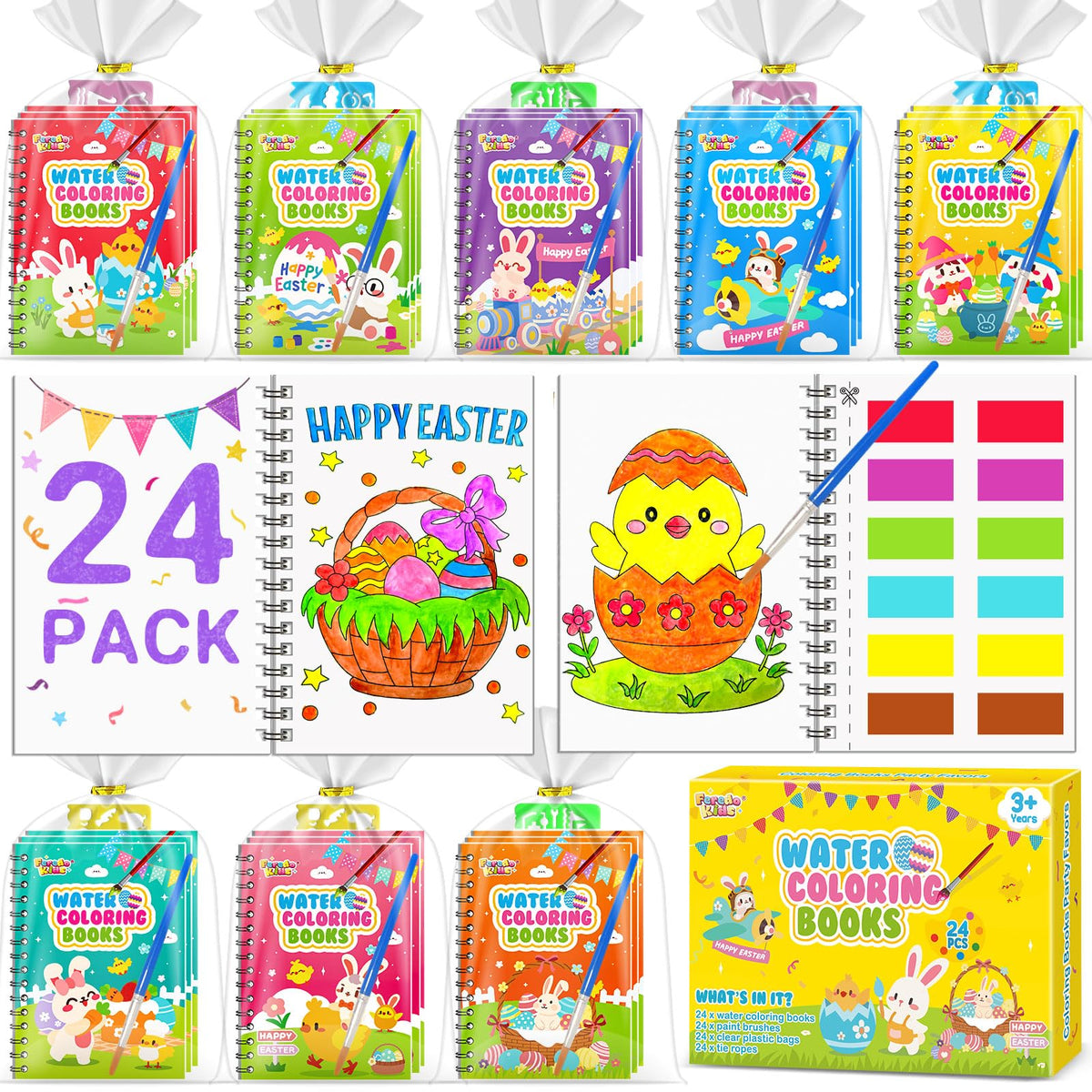 FEREDO KIDS Easter coloring book front cover with attached watercolor paints for mess-free fun.