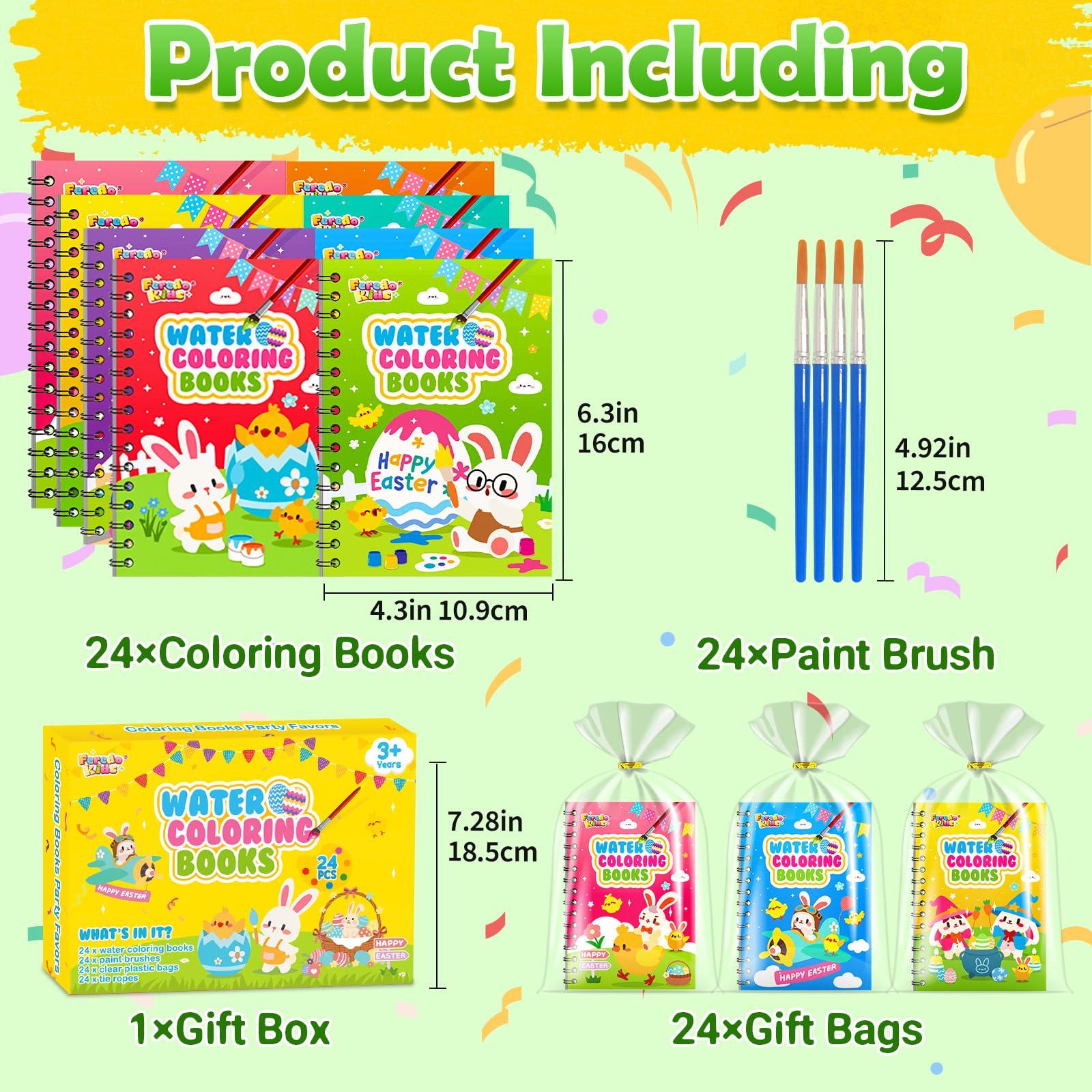 FEREDO KIDS Easter coloring book back with paint strip and brush for easy painting.