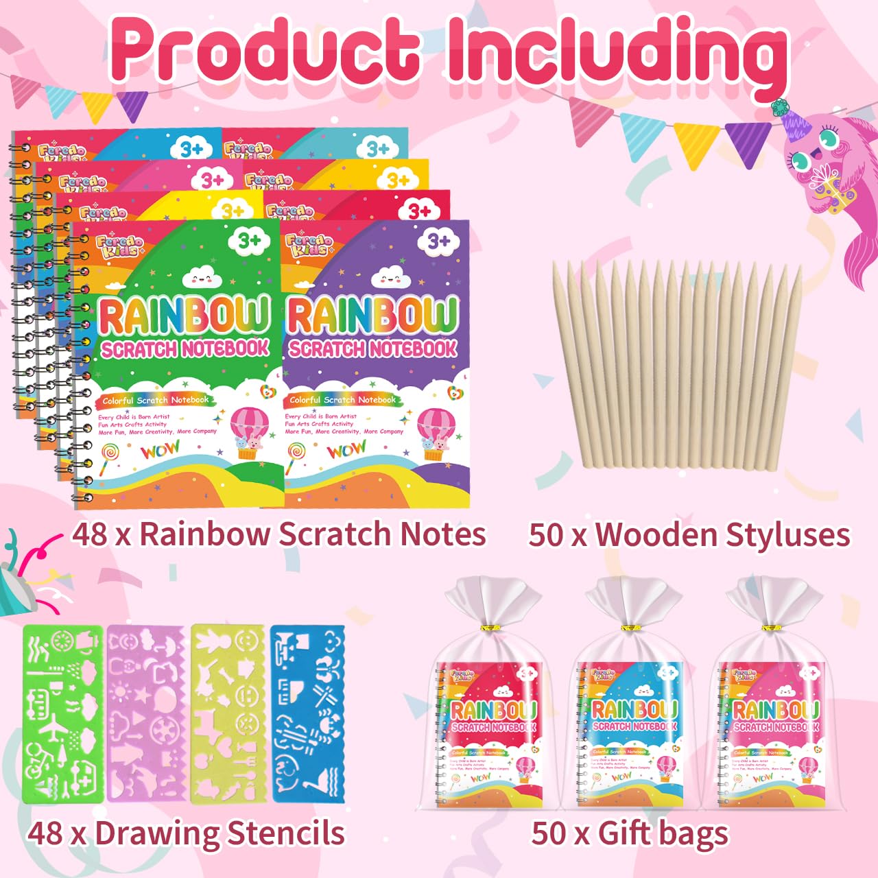 Rainbow scratch coating shines as colors emerge on a FEREDO KIDS notebook.