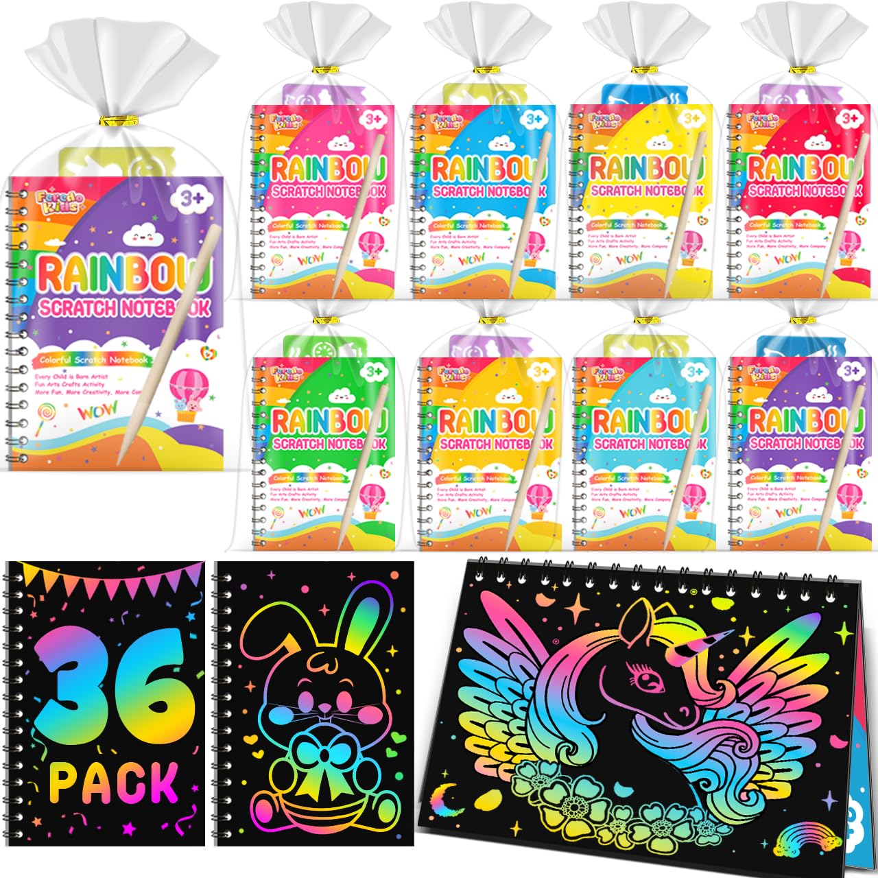 FEREDO KIDS scratch-art notebook 36-pack shown for kids, offering mess-free color reveals.