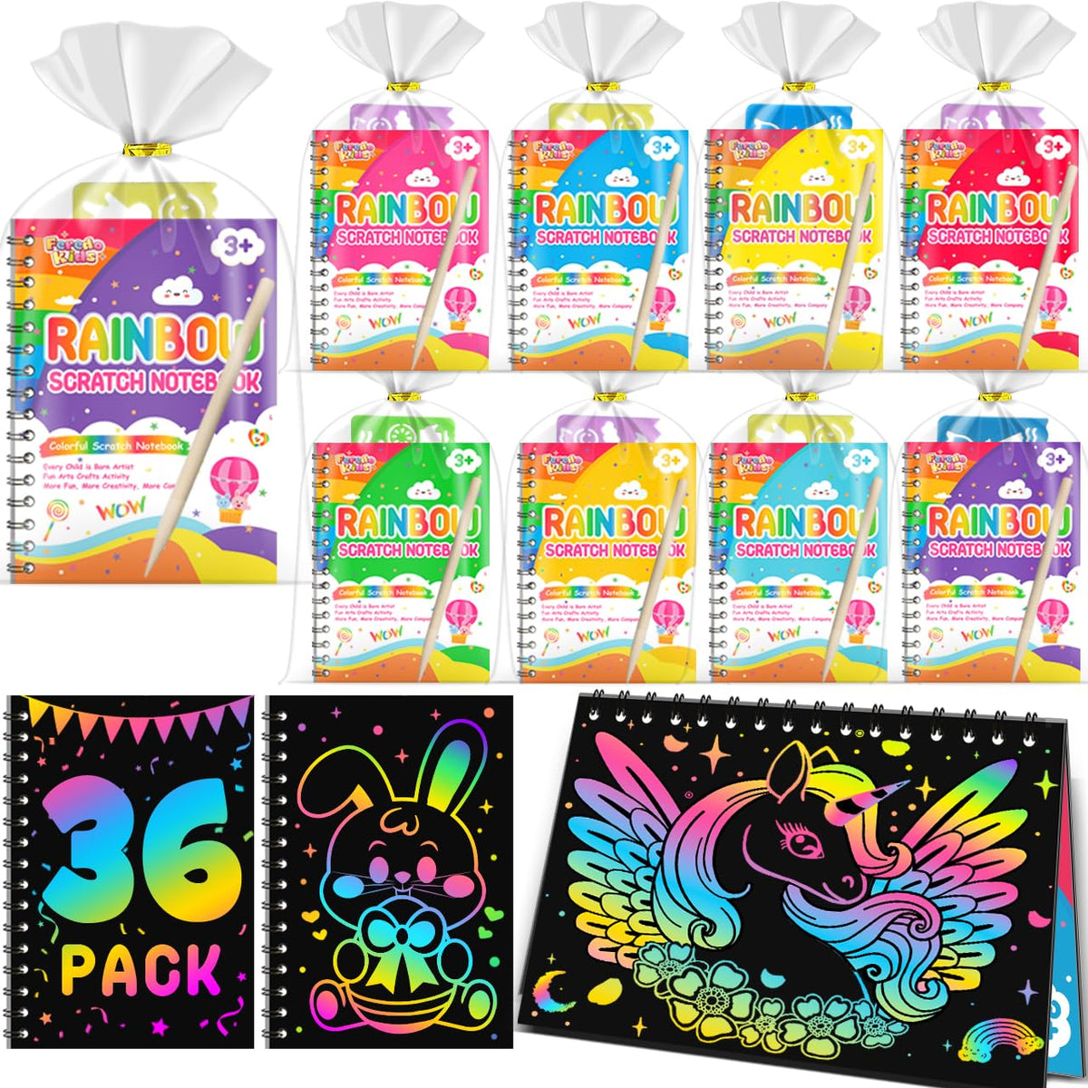 FEREDO KIDS scratch-art notebook 36-pack shown for kids, offering mess-free color reveals.