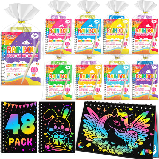FEREDO KIDS Scratch Art notebook opened to reveal rainbow colors for creative play.
