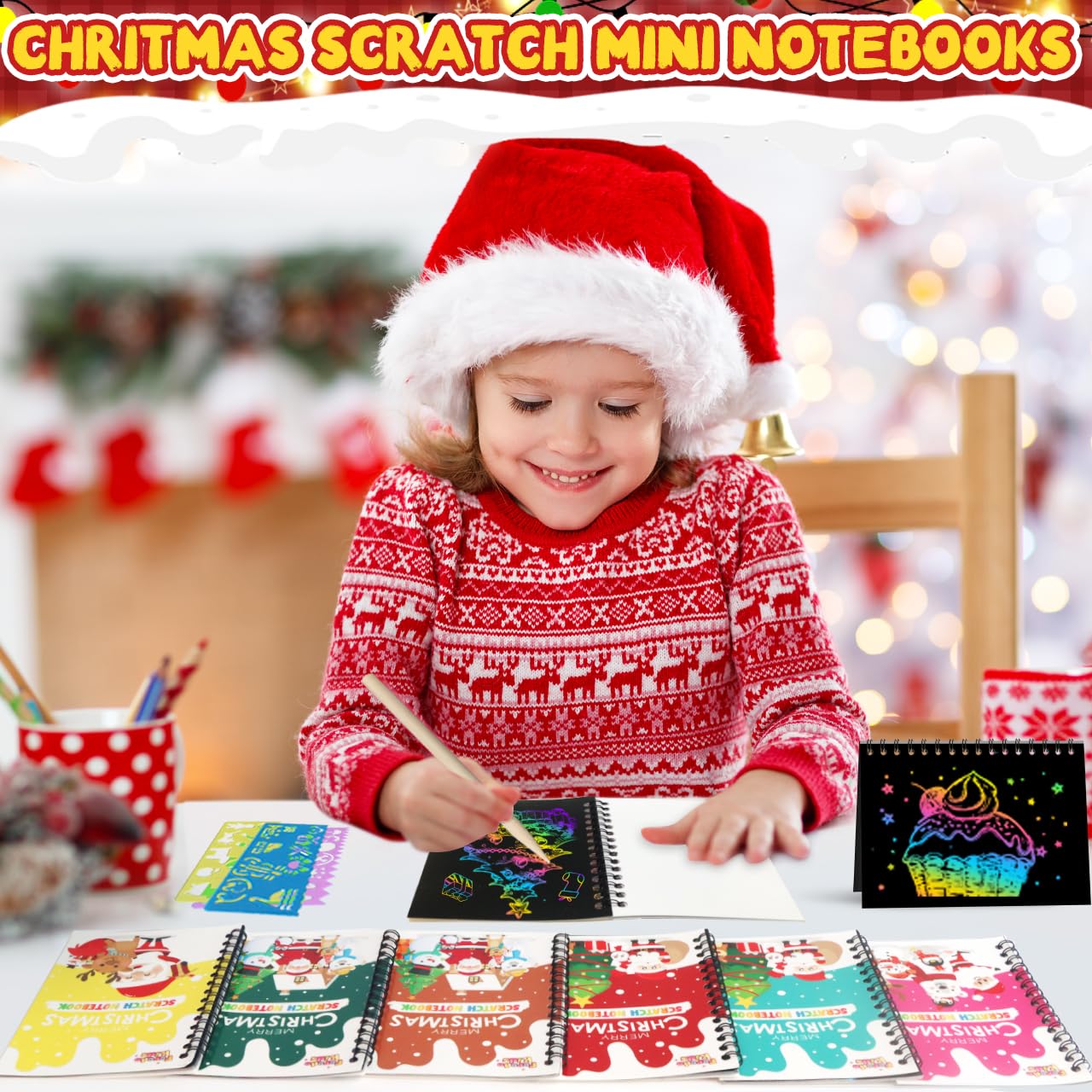FEREDO KIDS scratch art notebook opened pages — reveals bright rainbow lines for creative play.