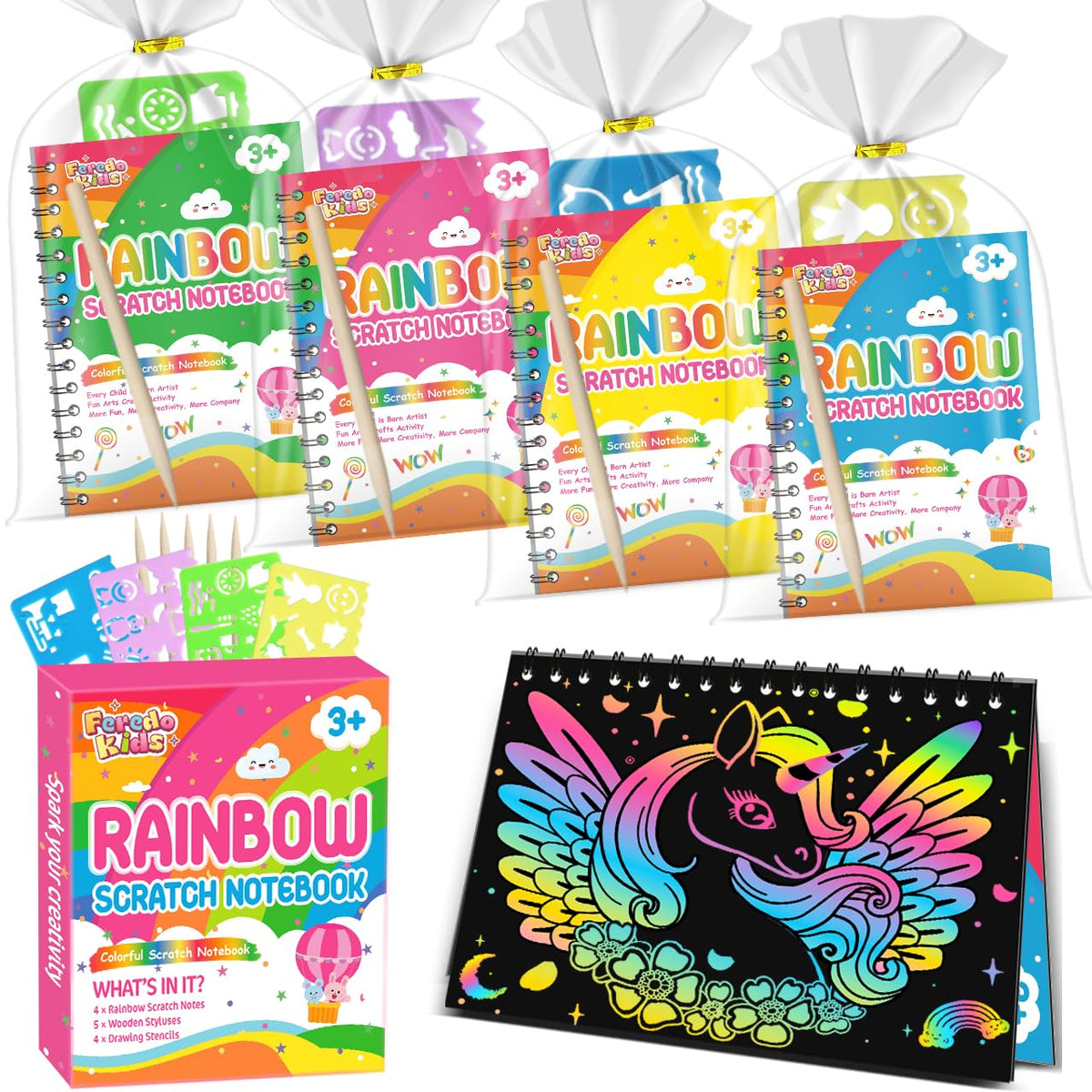 FEREDO KIDS scratch art notepad pack for mess-free creativity.