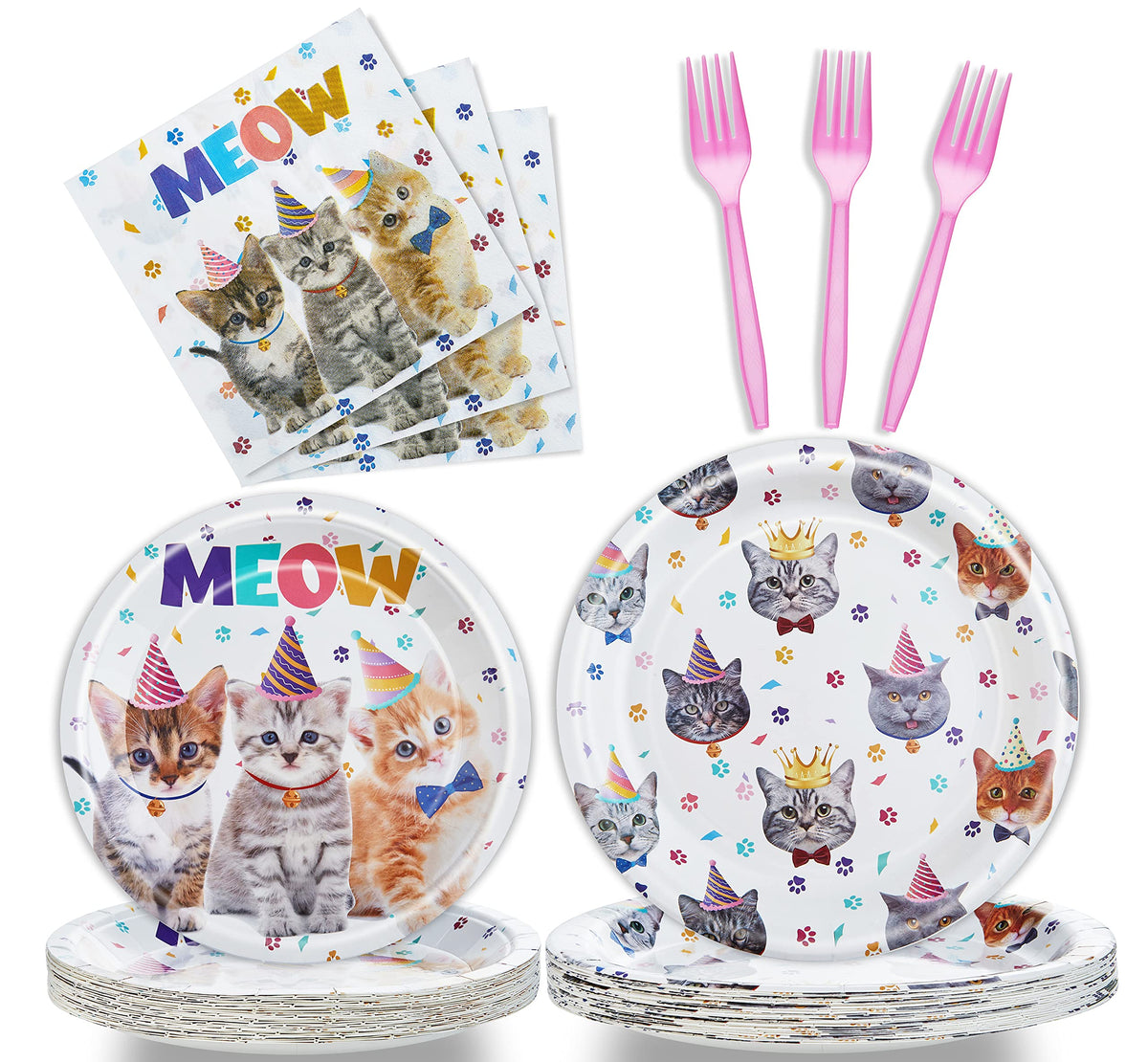 Fesciory cat birthday plates 7-inch laid out for a party, durable and festive