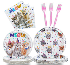 Fesciory cat birthday plates 7-inch laid out for a party, durable and festive