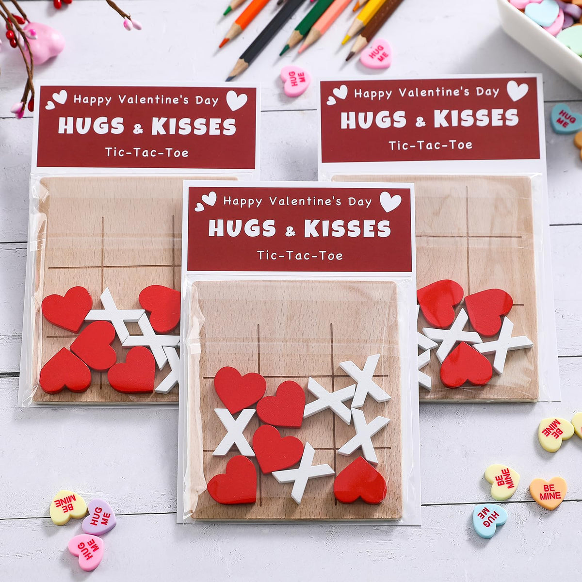 FestalMart Valentines cards with wooden tic tac toe set for classroom exchanges