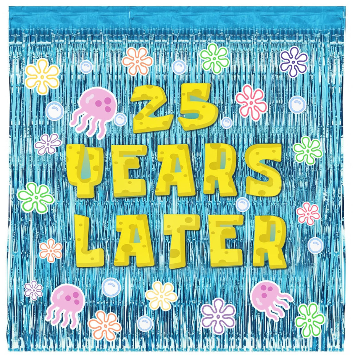 FestiVex cartoon birthday decorations with blue tinsel curtains create an ocean backdrop for parties
