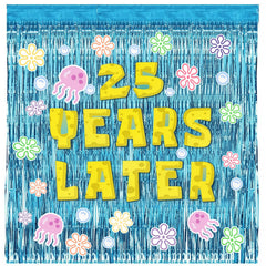 FestiVex cartoon birthday decorations with blue tinsel curtains create an ocean backdrop for parties