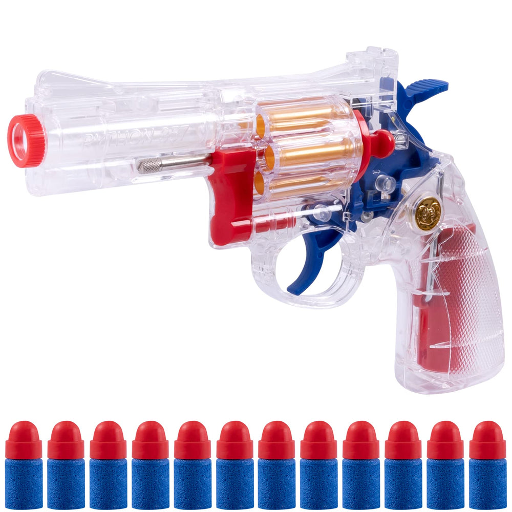FESVASDEE clear housing toy revolver in action for safe outdoor play with soft foam darts.