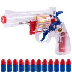 FESVASDEE clear housing toy revolver in action for safe outdoor play with soft foam darts.