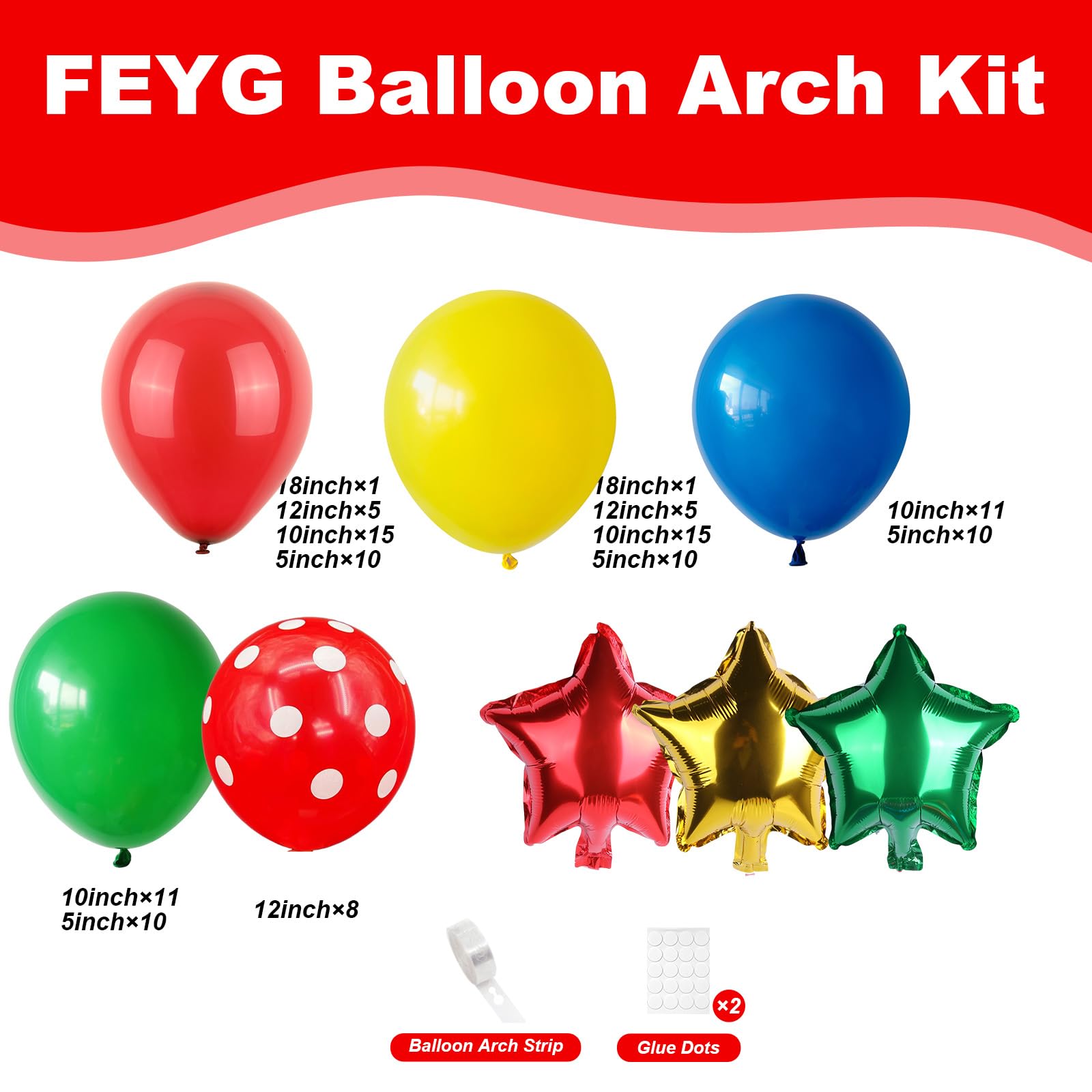 FEYG balloon arch and garland in bold colors, ideal for quick, eye-catching party decorations.