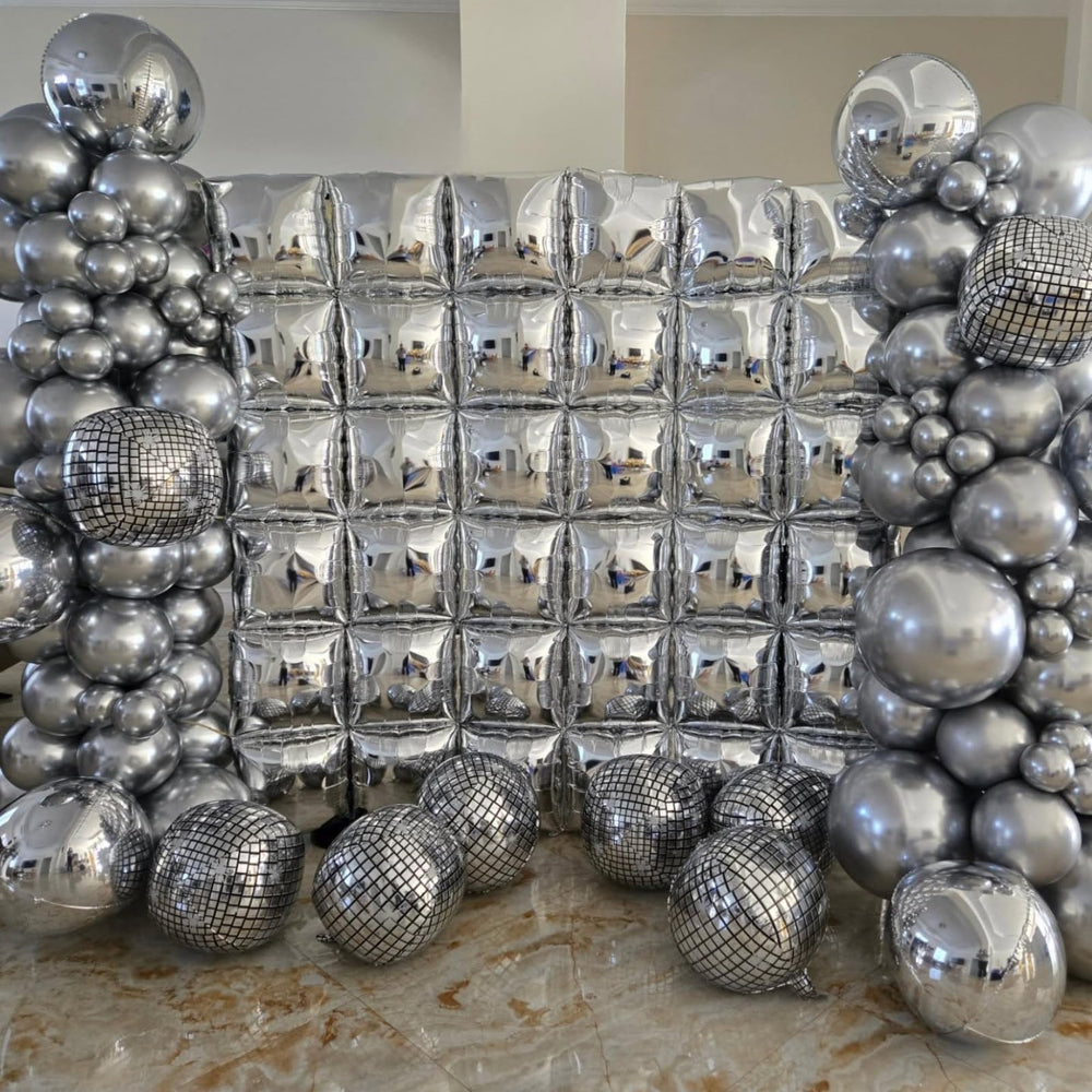 FEYG closeup of metallic-silver square-foil balloons highlights glossy finish