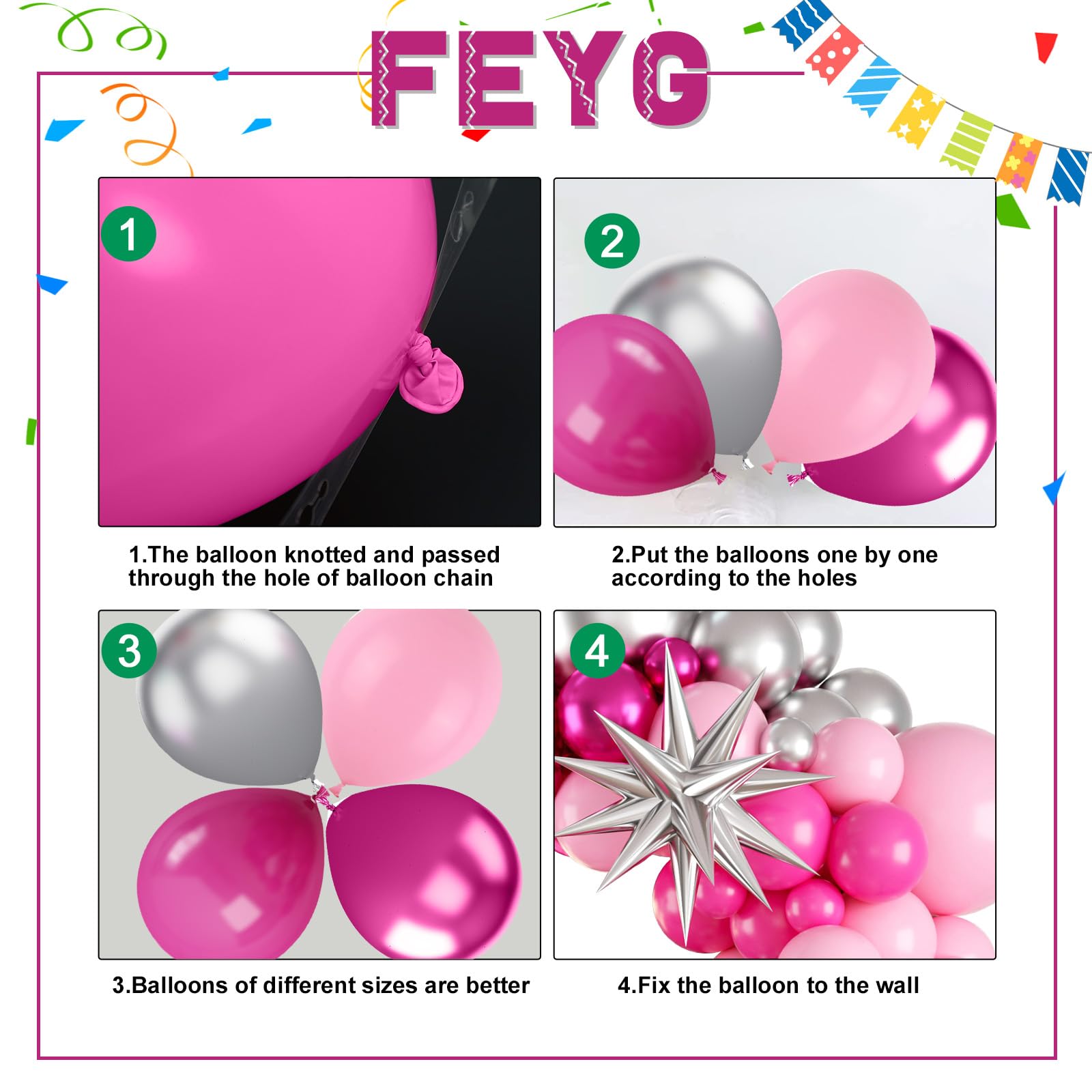 FEYG balloon set suits birthdays, baby showers, weddings, and graduations beautifully.