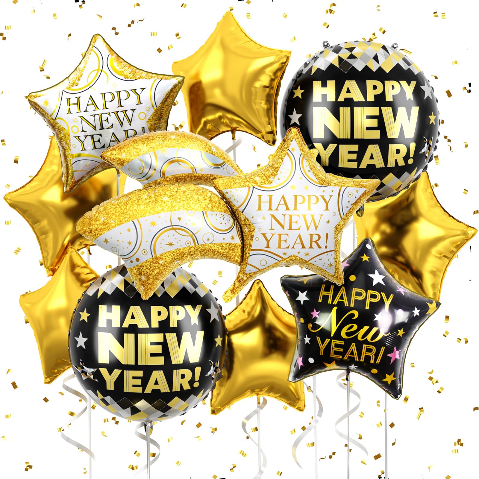 FEYG black and gold happy new year balloon creates a striking centerpiece.