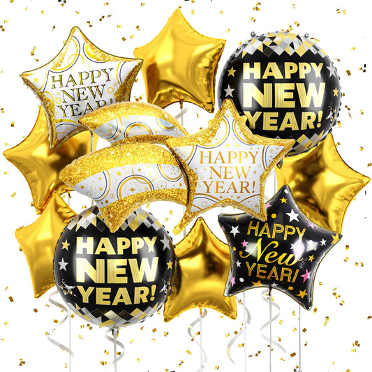 FEYG black and gold happy new year balloon creates a striking centerpiece.