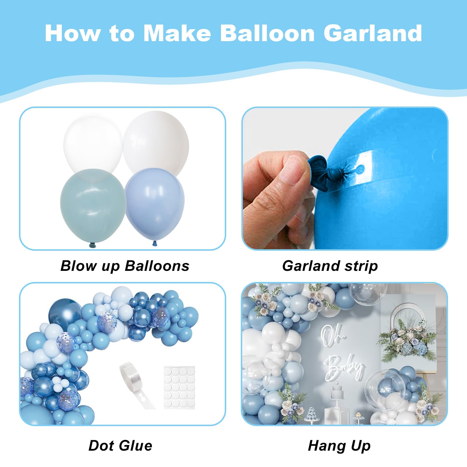FEYG Dusty Blue Balloon Arch Kit wedding display with elegant color blend