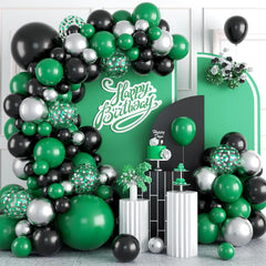 FEYG Green and Black balloon arch kit showcasing green, black, and silver balloons for elegant events.
