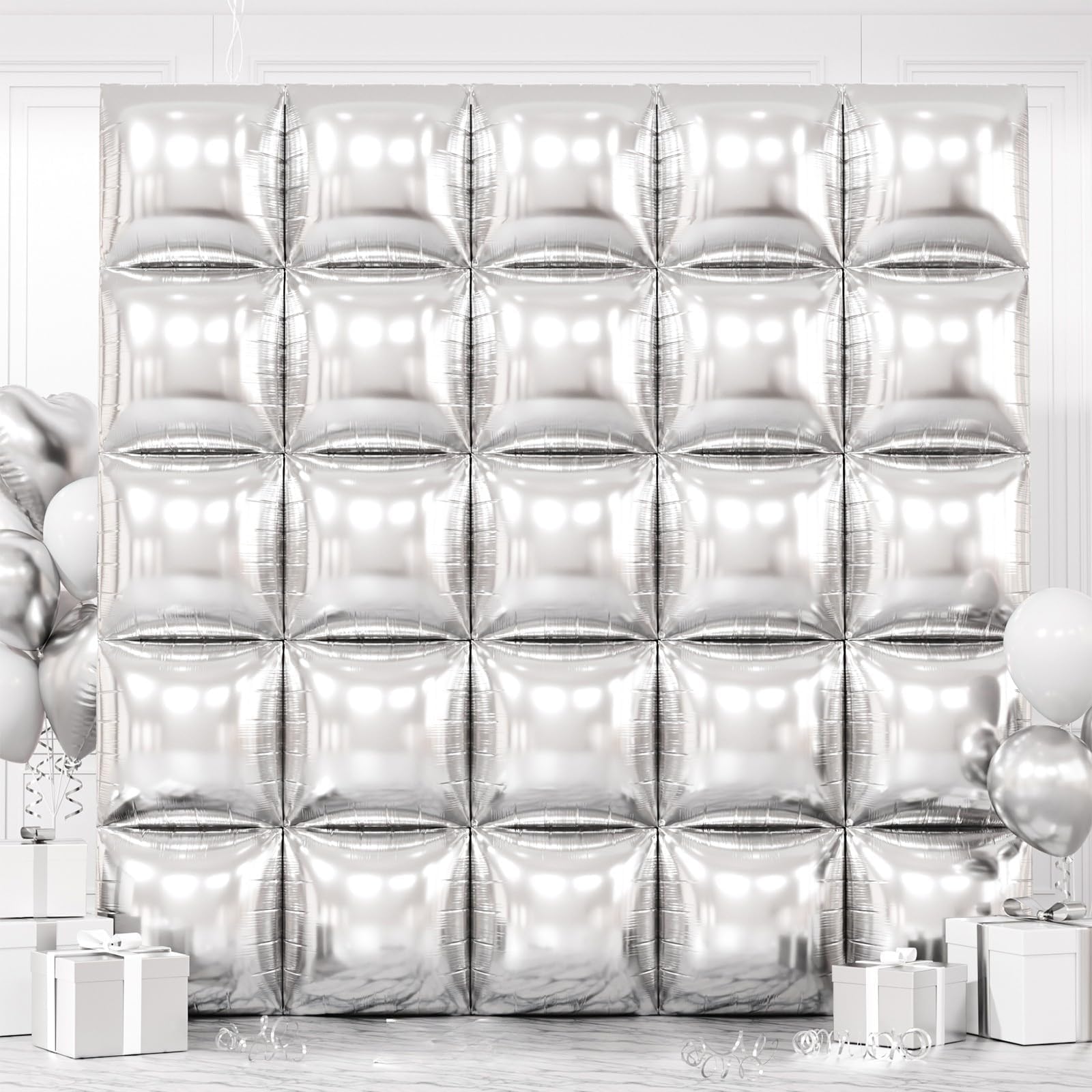 FEYG metallic-silver-square-foil-balloons wall 19-inch setup for an elegant backdrop