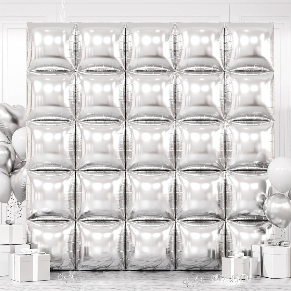 FEYG metallic-silver-square-foil-balloons wall 19-inch setup for an elegant backdrop