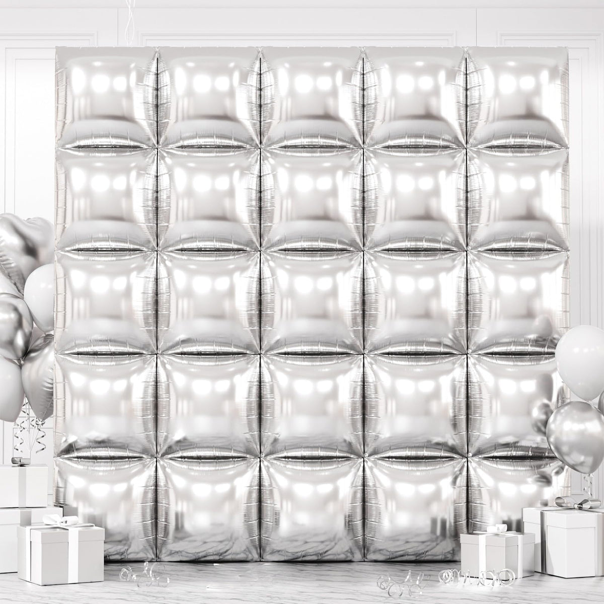 FEYG metallic-silver-square-foil-balloons wall 19-inch setup for an elegant backdrop