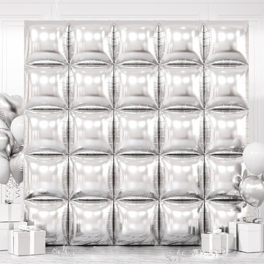 FEYG metallic-silver-square-foil-balloons wall 19-inch setup for an elegant backdrop