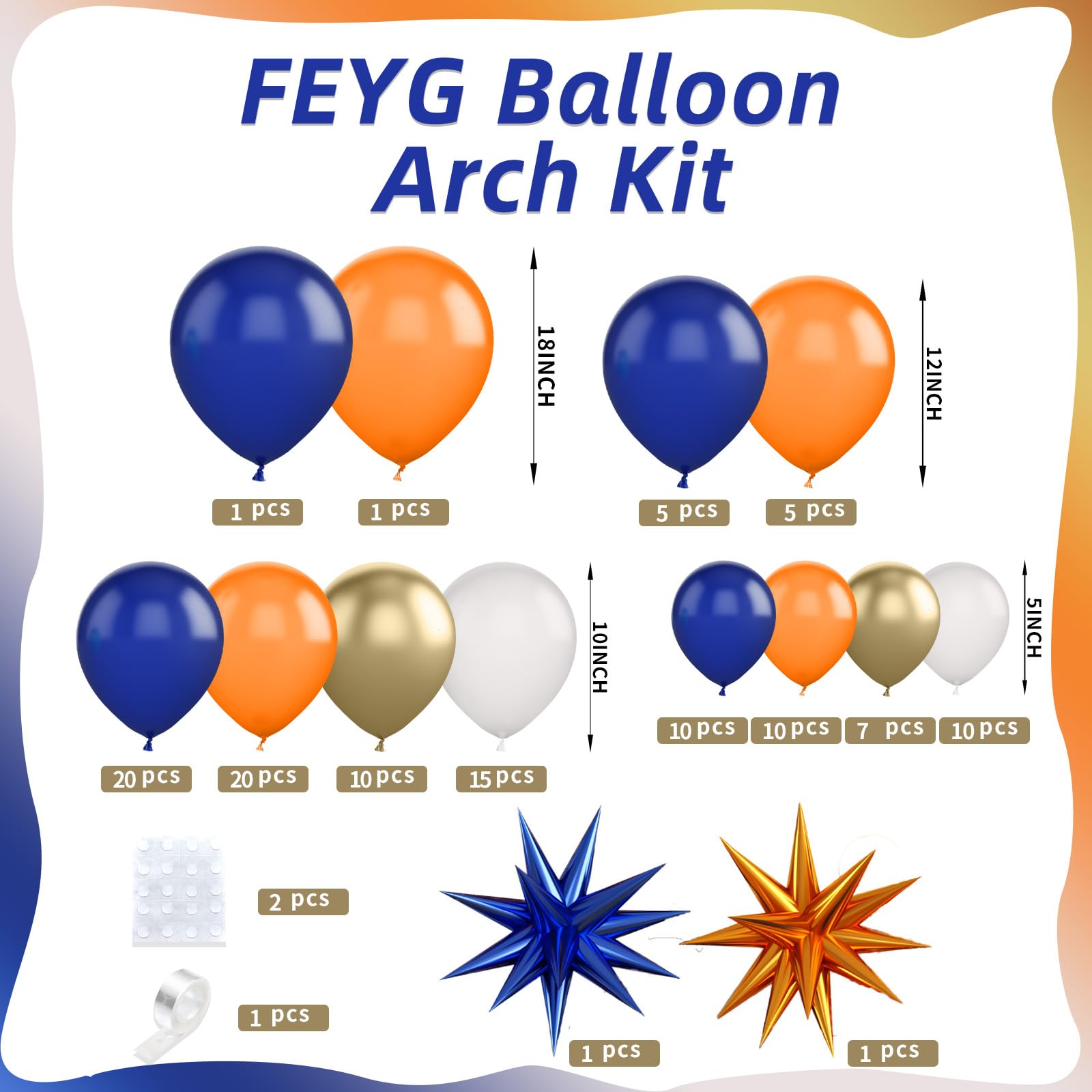 FEYG navy blue, gold, and orange balloons close-up highlight color richness.