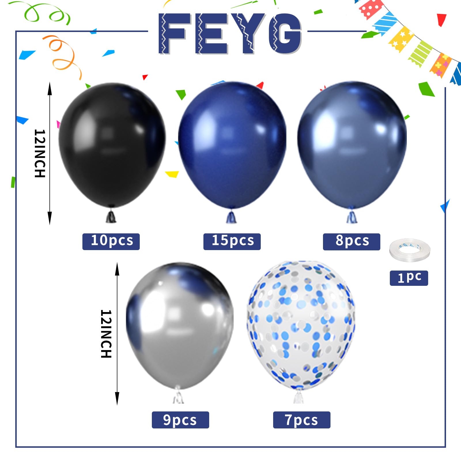 FEYG pearlescent night blue balloons add subtle shine.