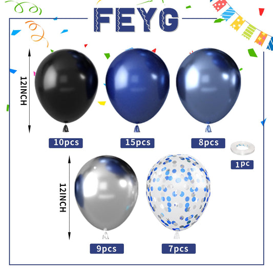 FEYG pearlescent night blue balloons add subtle shine.