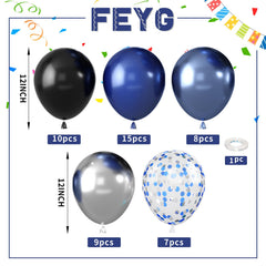 FEYG pearlescent night blue balloons add subtle shine.