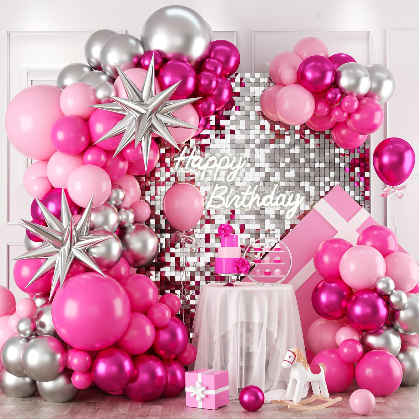 FEYG pink and silver balloon arch kit for elegant party decor and centerpiece creation.